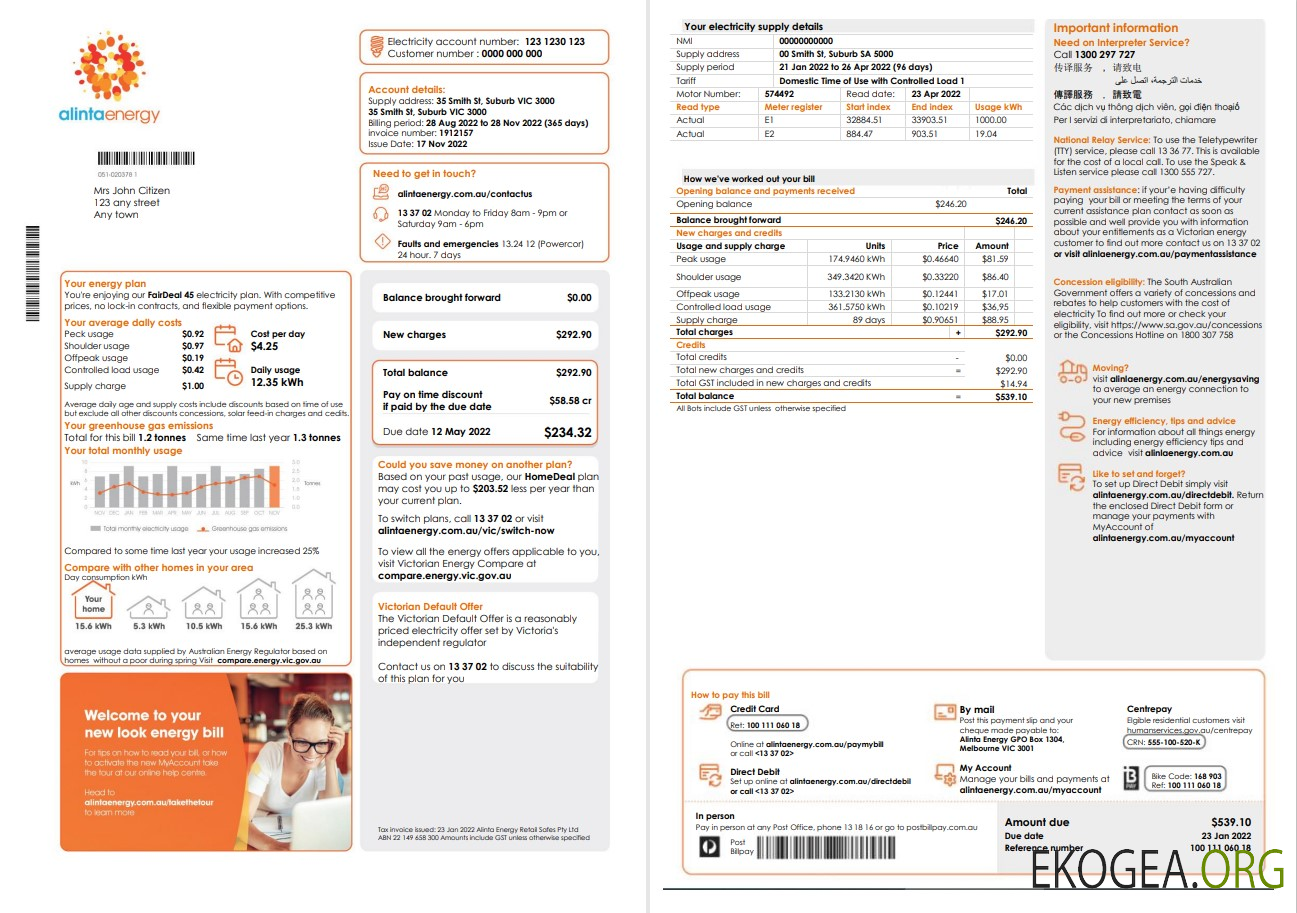 Australia Alinta Energy electricity utility bill template in Word and PDF format, 2 pages